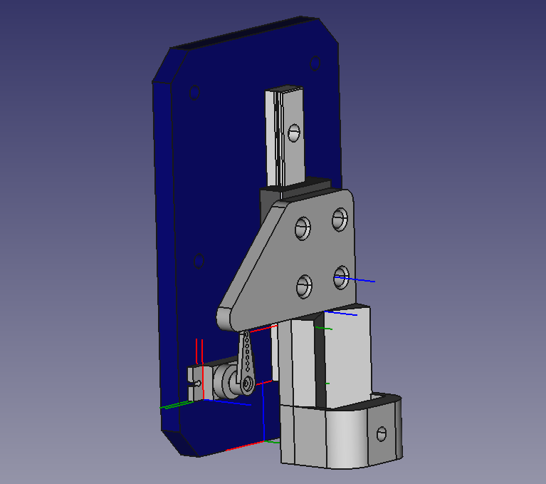 A CAD render of a pen holder - a vertical back plate holding a servo and linear slide, with a 3D printable pen holder mounted to the slide and lifted by the servo