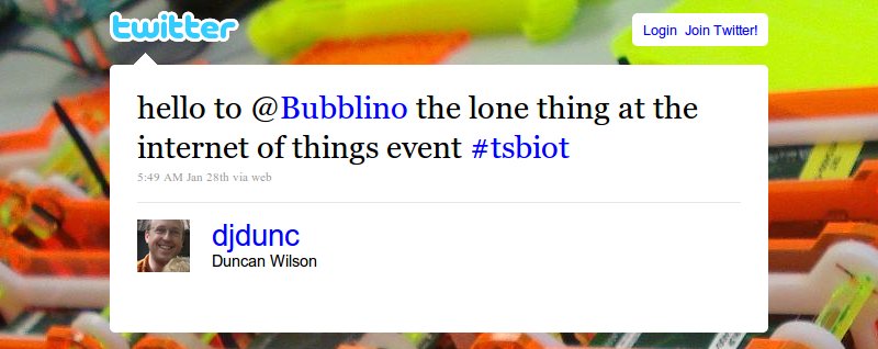 hello to @Bubblino the lone thing at the internet of things event #tsbiot