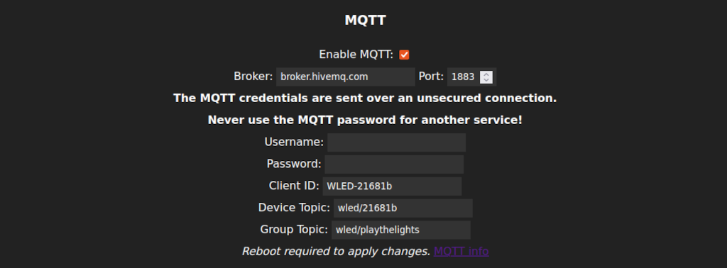 MQTT settings on WLED showing broker:broker.hivmq.com, port:1883 and group topic:wled/playthelights